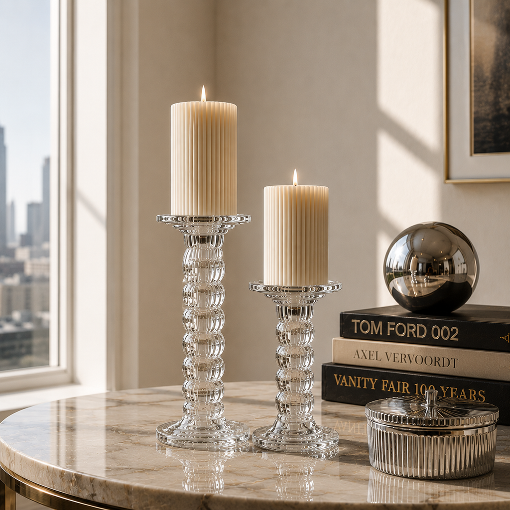Ribbed Glass Candle Holders Set