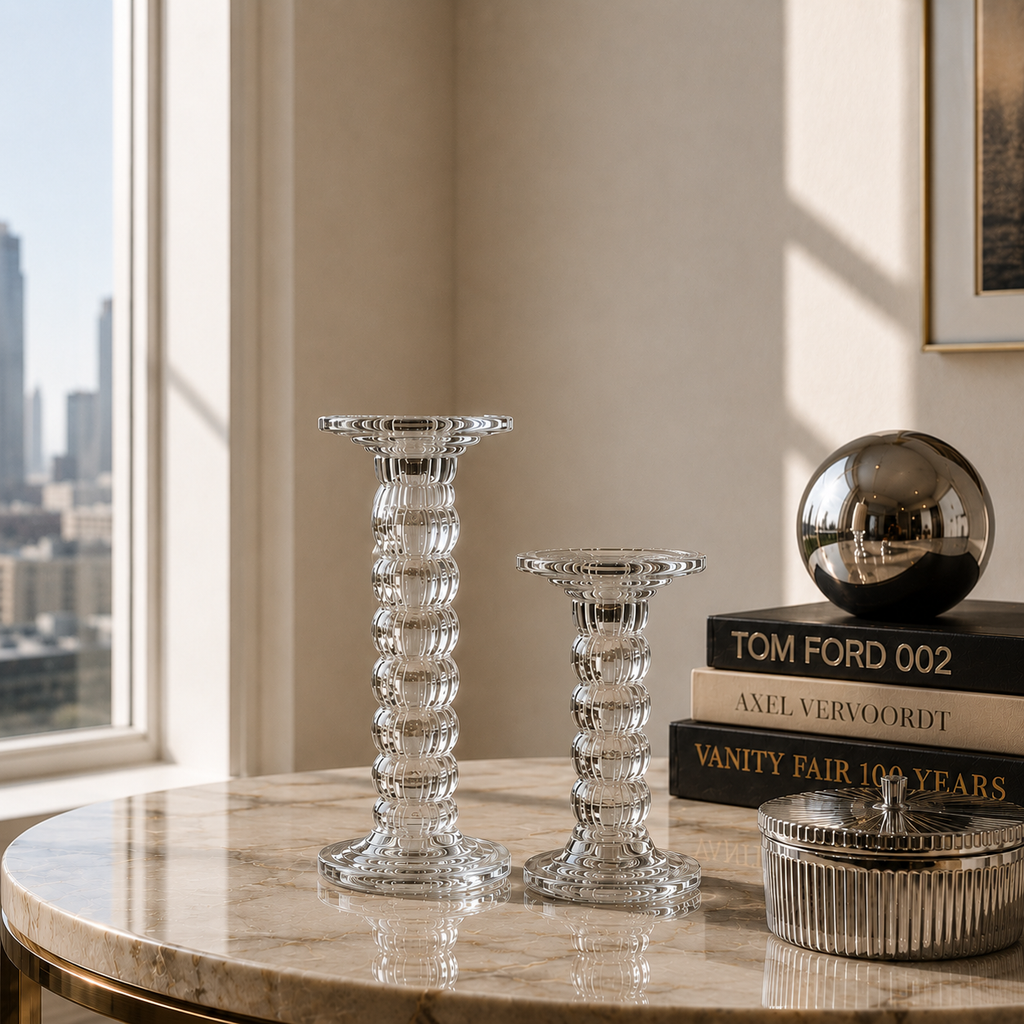 Ribbed Glass Candle Holders Set
